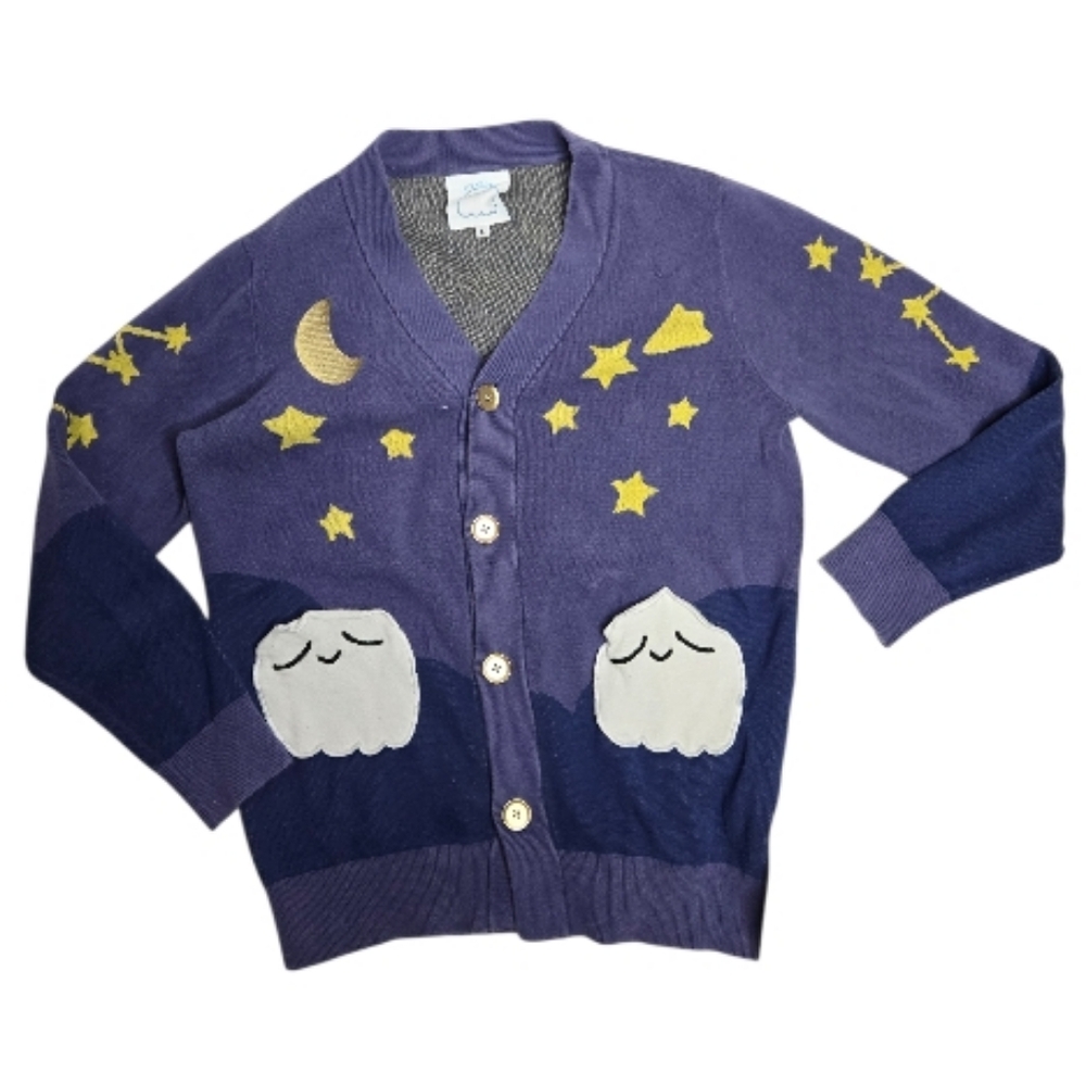 FIVE BOOS Starry Skies ghosts blue kawaii‎ cardigan sweater L